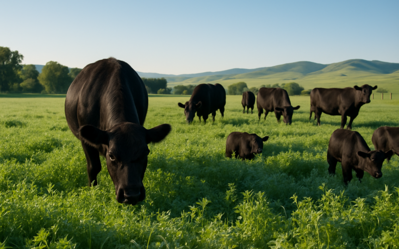 Black cattle grazing a lush green alfalfa and clover pasture in a Montana river bottom on a June morning