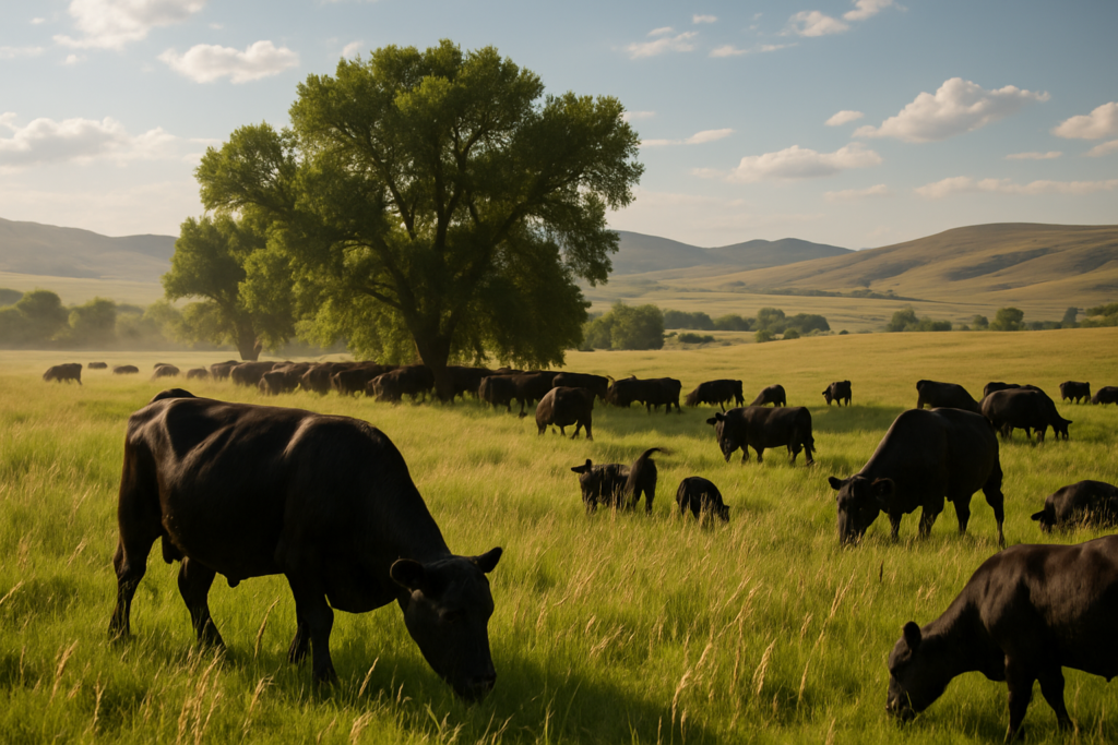 Black cattle grazing in a green Montana summer pasture with seedhead grass and distant hills under a wide sky