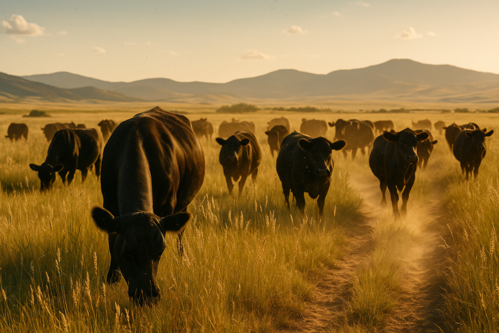 Black cattle grazing tall seeding grass on a Montana summer pasture under a wide sky with foothills in the distance