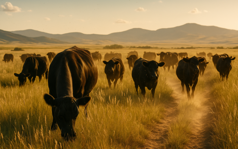 Black cattle grazing tall seeding grass on a Montana summer pasture under a wide sky with foothills in the distance