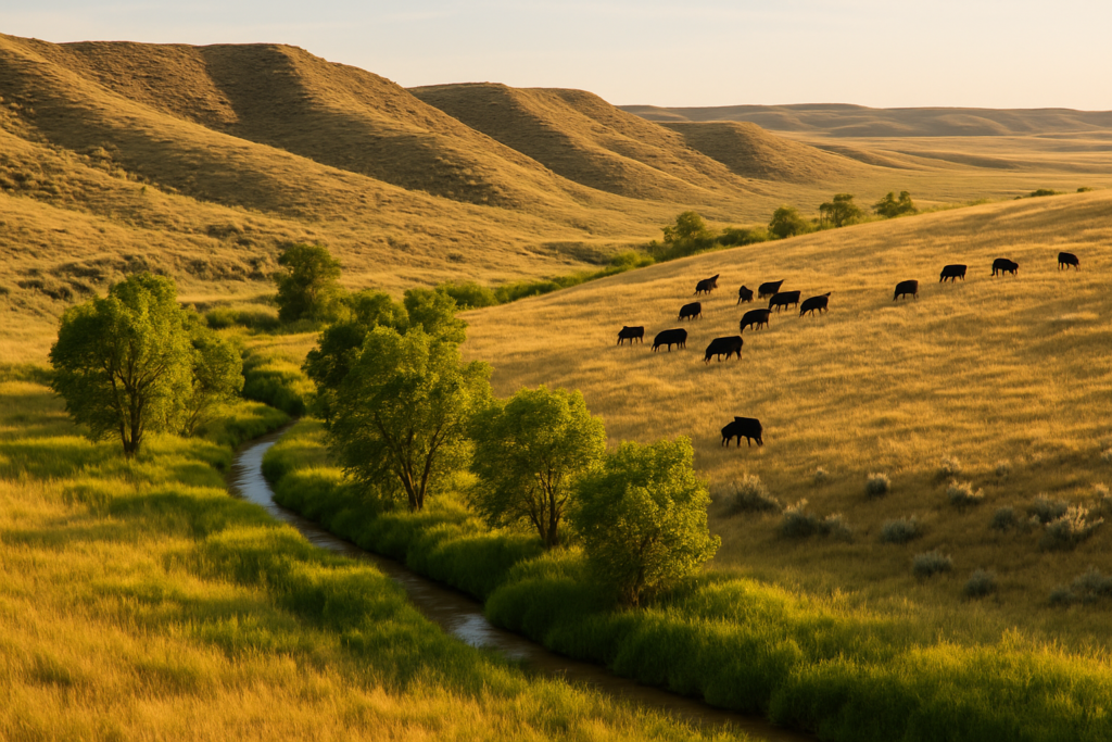 Black cattle grazing up a grassy Montana hillside away from a creek bottom lined with cottonwoods, dry benches and ridges in the background