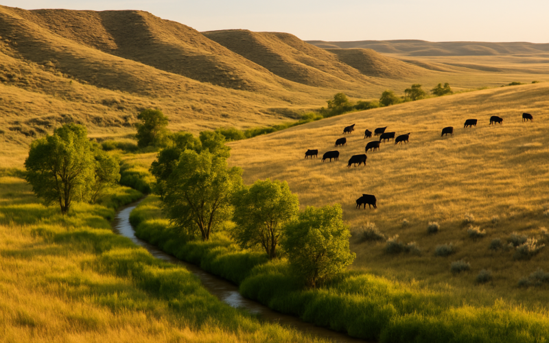 Black cattle grazing up a grassy Montana hillside away from a creek bottom lined with cottonwoods, dry benches and ridges in the background