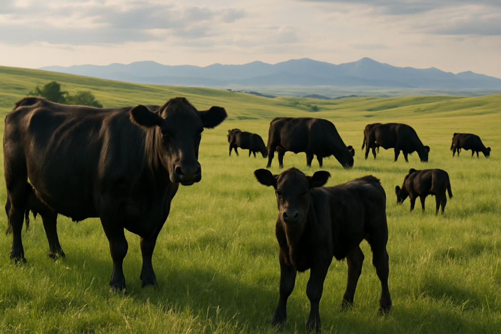 Black Angus cows and calves grazing on green summer rangeland in Montana with distant mountains