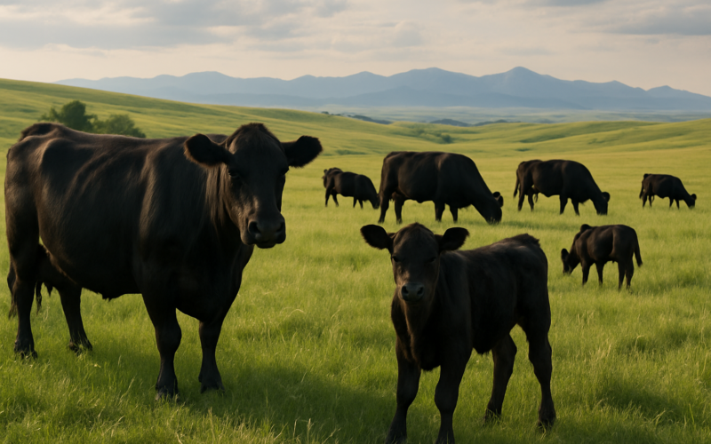 Black Angus cows and calves grazing on green summer rangeland in Montana with distant mountains