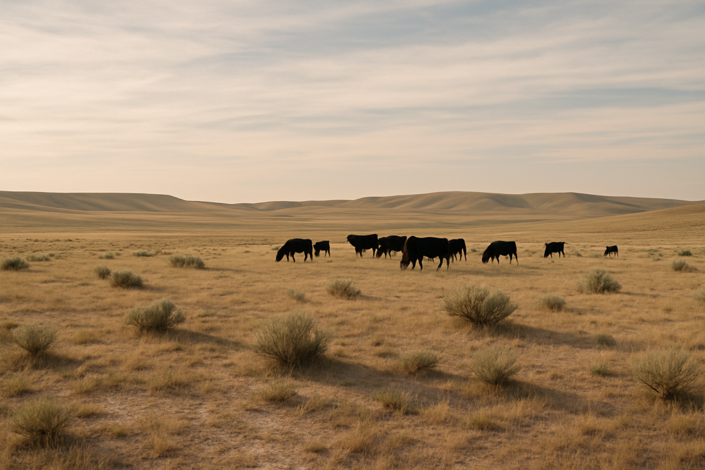 Black cattle grazing on short, drought-stressed Montana grassland under a wide morning sky