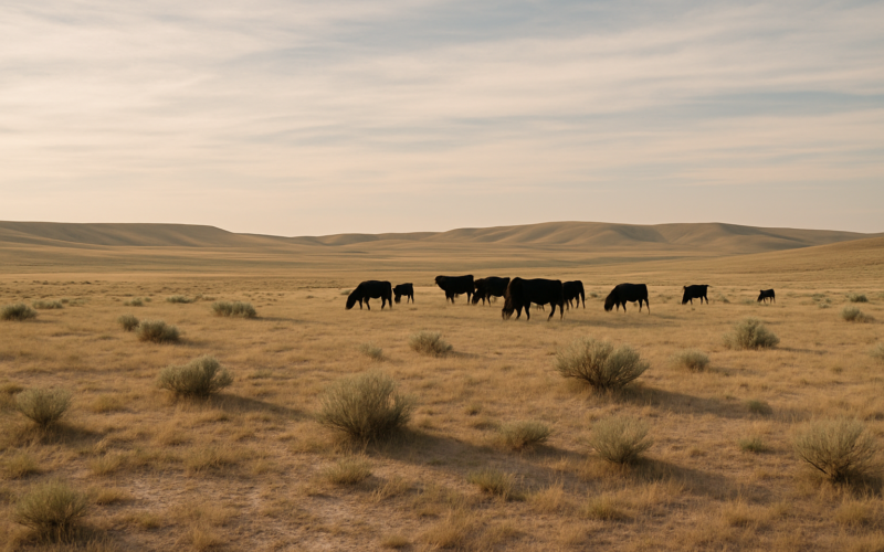 Black cattle grazing on short, drought-stressed Montana grassland under a wide morning sky
