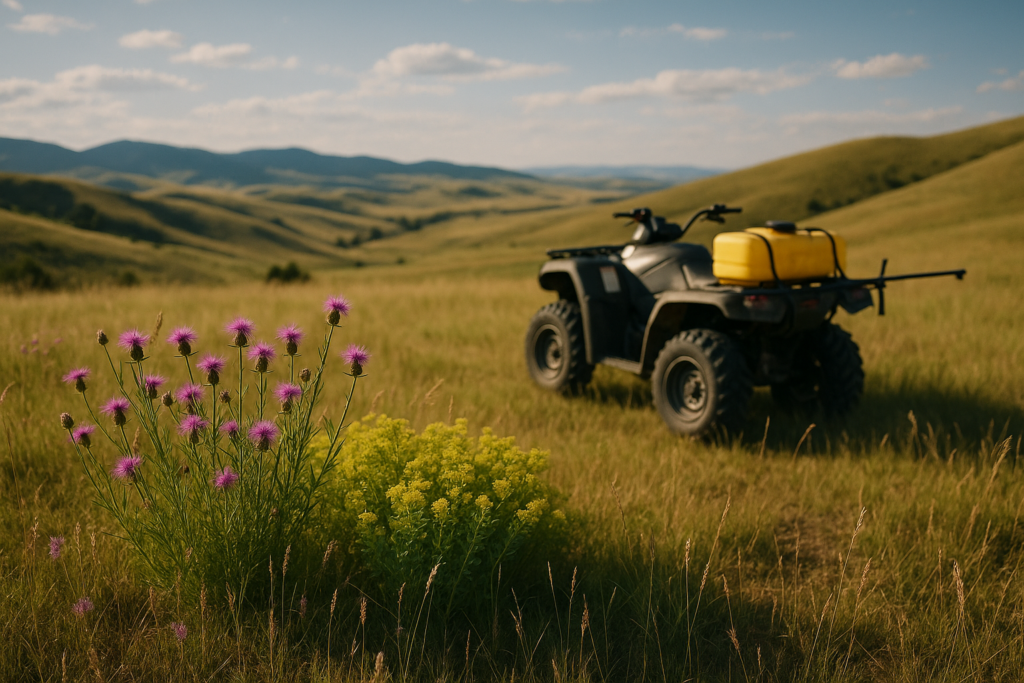 A Montana foothill pasture with patches of purple knapweed and yellow-green leafy spurge, an ATV sprayer parked at the edge in early morning light
