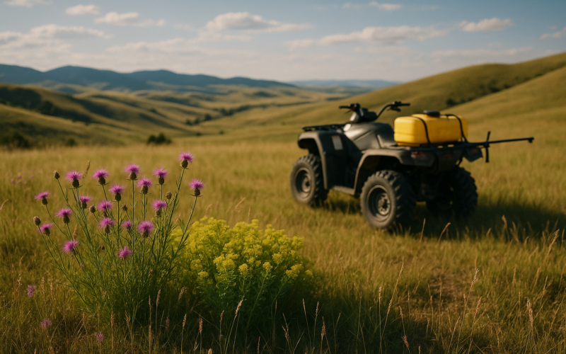 A Montana foothill pasture with patches of purple knapweed and yellow-green leafy spurge, an ATV sprayer parked at the edge in early morning light