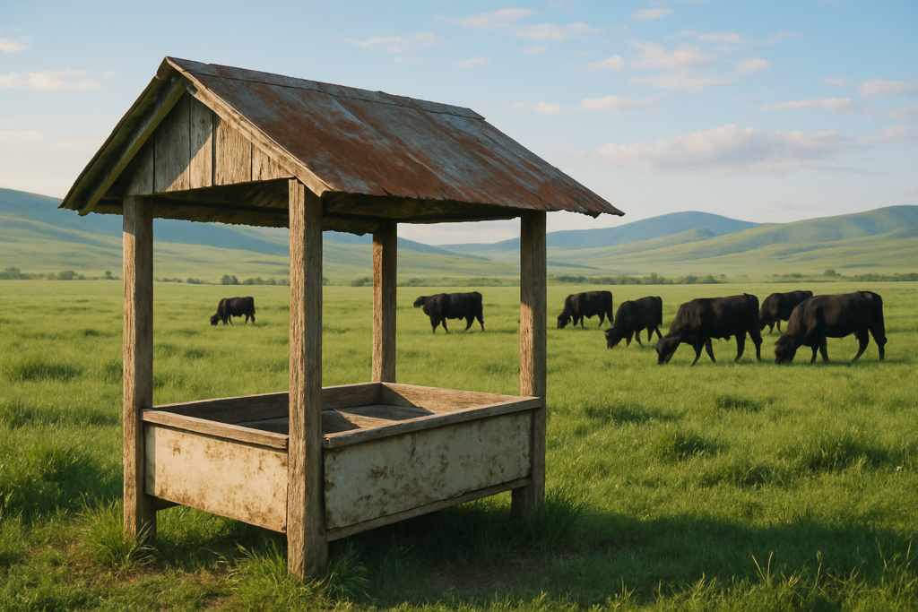 A covered mineral feeder in a green Montana pasture with black cattle grazing and foothills in the background