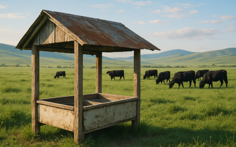 A covered mineral feeder in a green Montana pasture with black cattle grazing and foothills in the background