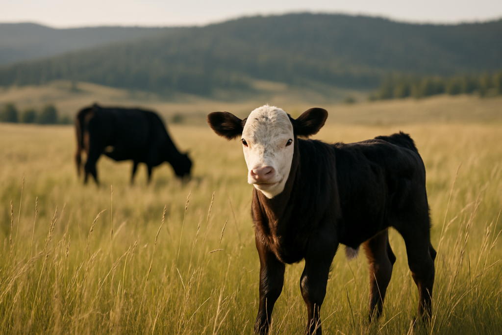 A young calf standing apart from the herd in summer grass on Montana rangeland with a cow grazing in the background