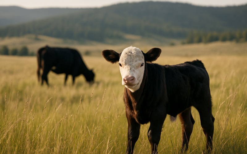 A young calf standing apart from the herd in summer grass on Montana rangeland with a cow grazing in the background