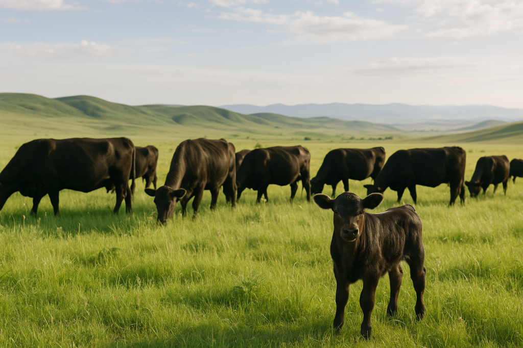 Black Angus cow-calf pairs grazing on a green Montana summer pasture with a calf standing apart from the herd