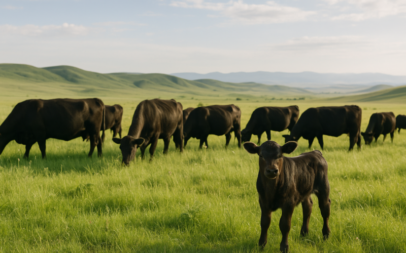 Black Angus cow-calf pairs grazing on a green Montana summer pasture with a calf standing apart from the herd