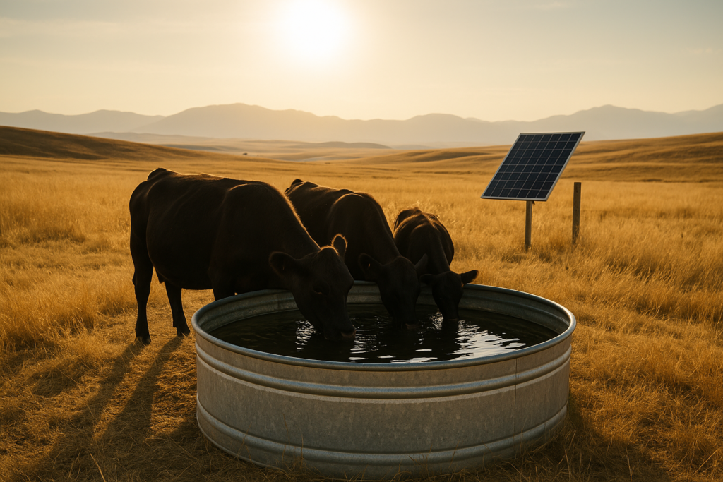 Black Angus cattle drinking from a galvanized stock tank in a dry Montana summer pasture with a solar pump in the background