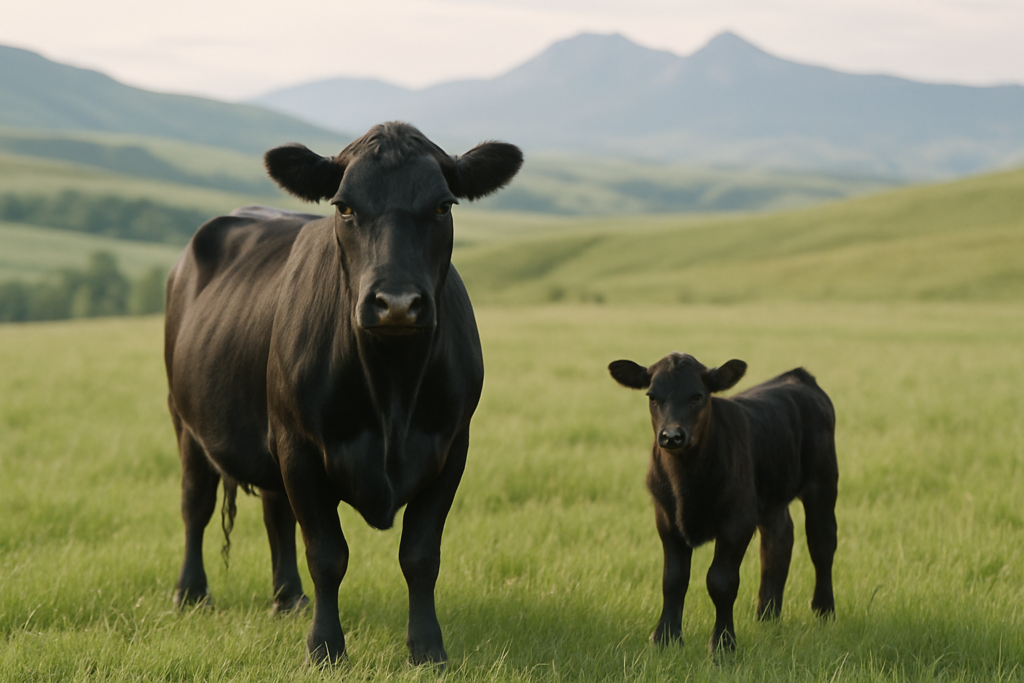 A young Angus cow and her calf on green summer grass with Montana foothills in the background