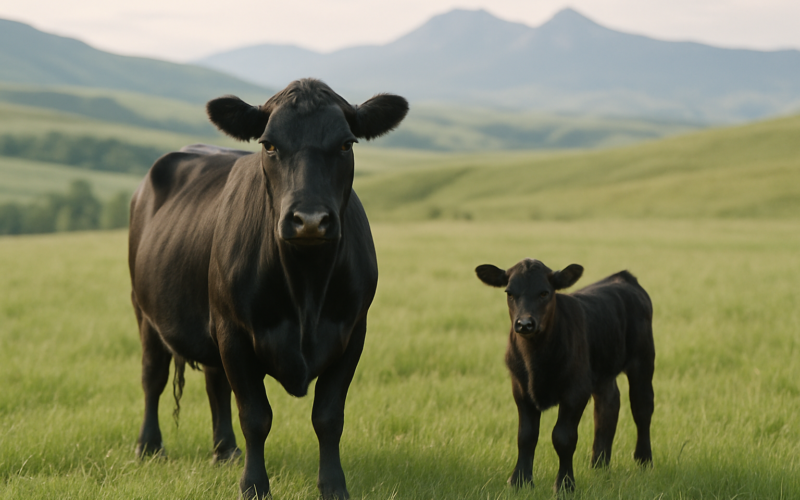 A young Angus cow and her calf on green summer grass with Montana foothills in the background