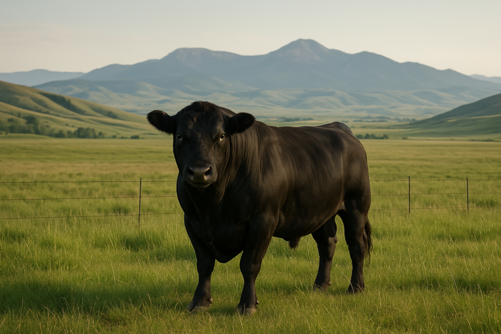 A black Angus bull standing in a green Montana summer pasture with foothills and mountains in the background