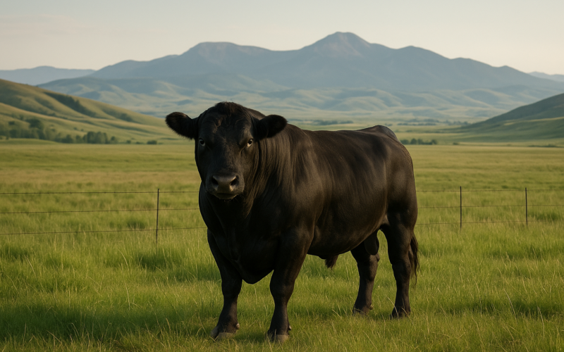 A black Angus bull standing in a green Montana summer pasture with foothills and mountains in the background