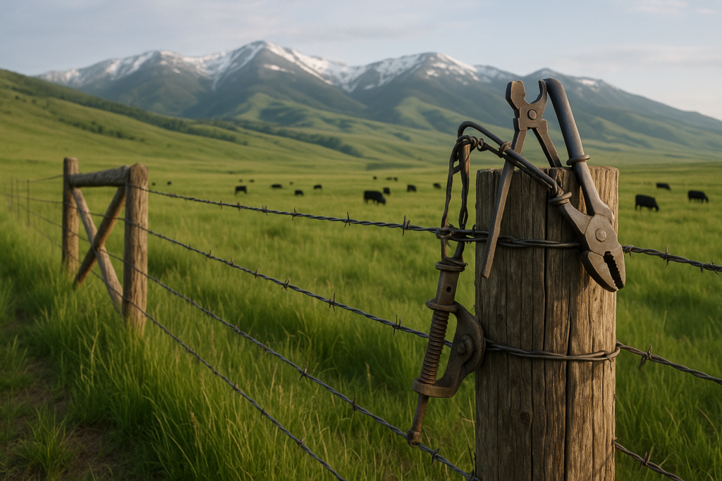 A barbed wire fence with a wooden brace post crossing a green Montana pasture with cattle and mountains in the background