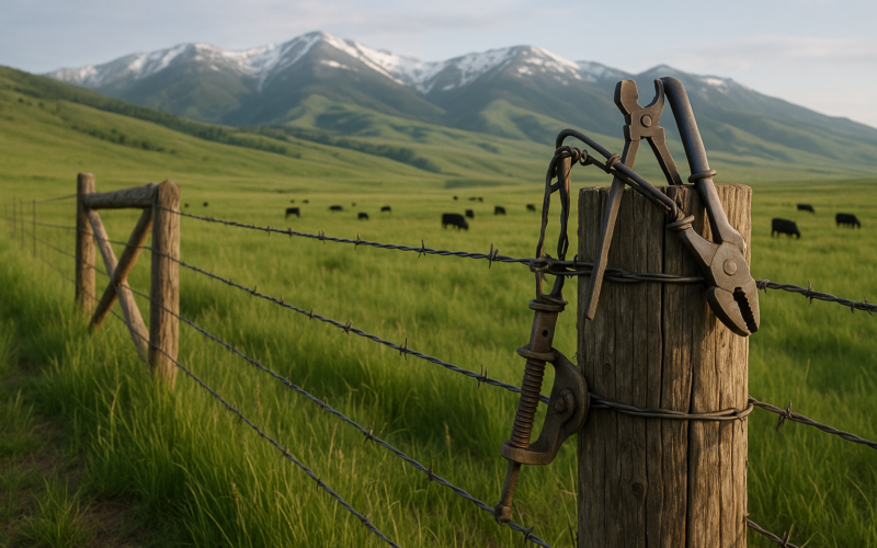A barbed wire fence with a wooden brace post crossing a green Montana pasture with cattle and mountains in the background