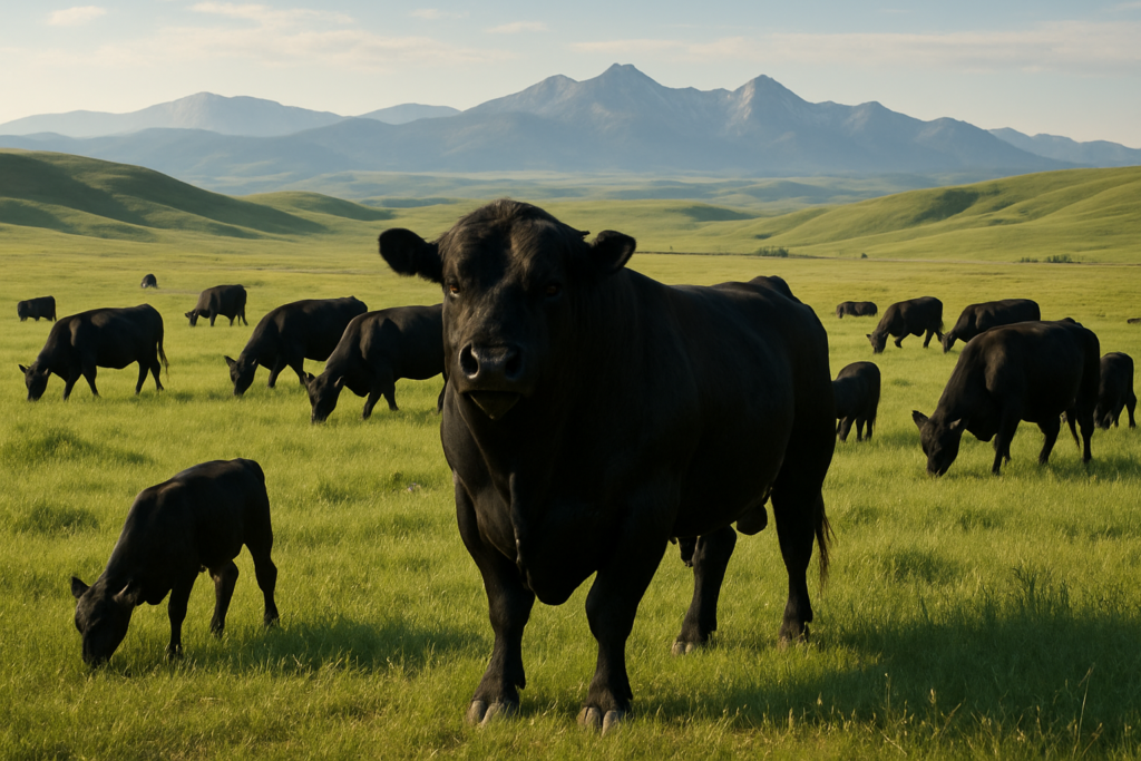 A black Angus bull standing with cows on green Montana summer range with foothills behind