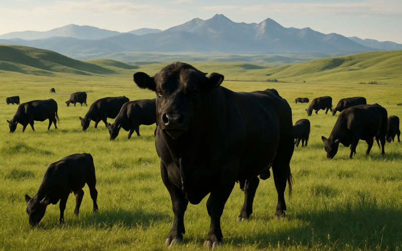 A black Angus bull standing with cows on green Montana summer range with foothills behind