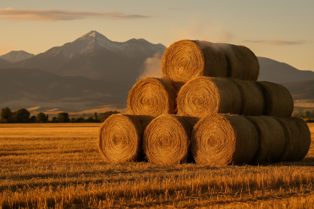 Freshly stacked round hay bales in a Montana field at dusk with faint vapor rising from the bales