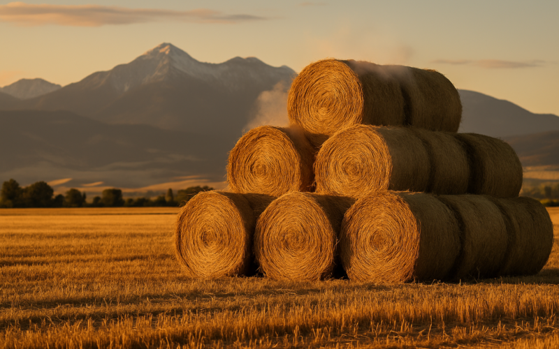 Freshly stacked round hay bales in a Montana field at dusk with faint vapor rising from the bales