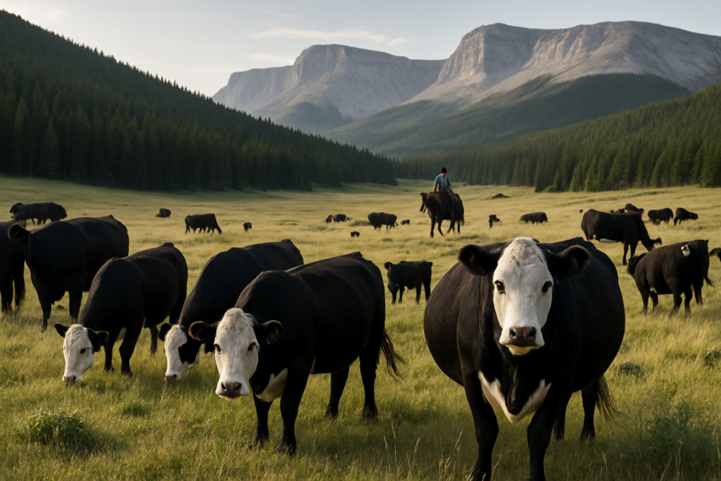 Cattle grazing a high Montana summer pasture at the edge of timber with a rider gathering them in the distance