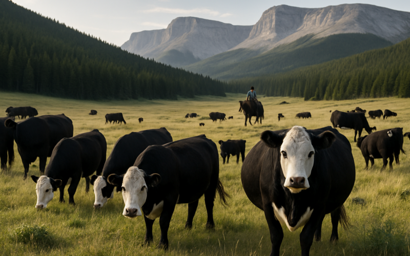 Cattle grazing a high Montana summer pasture at the edge of timber with a rider gathering them in the distance