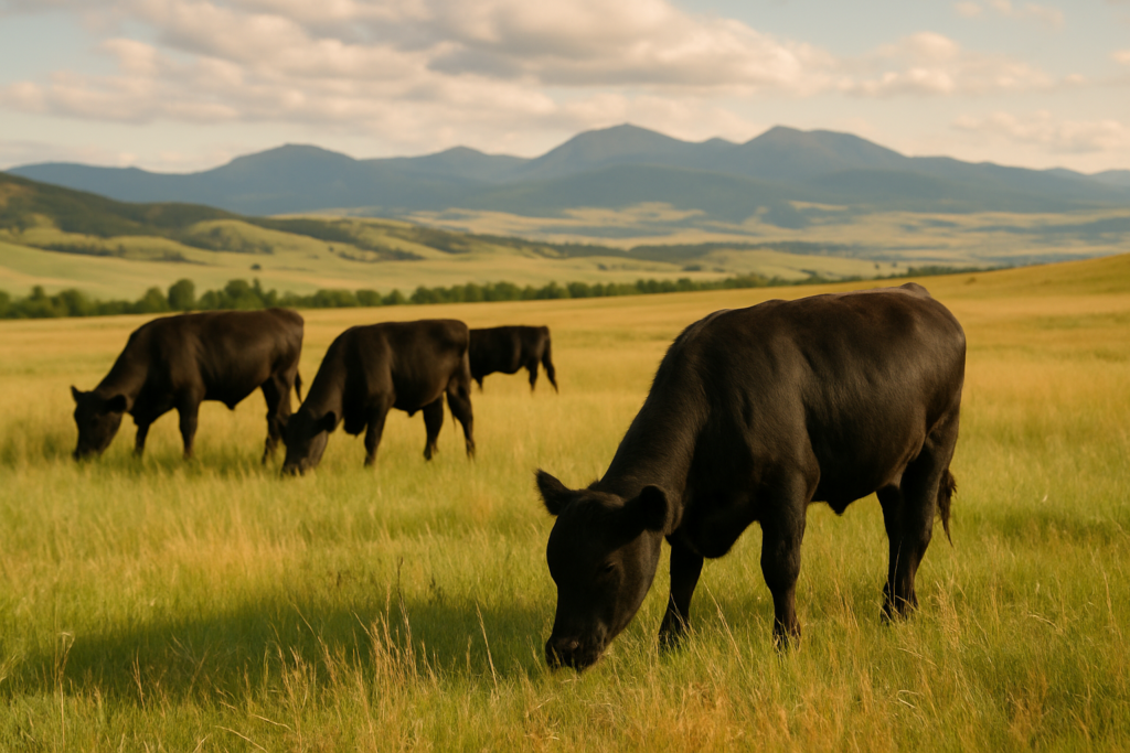 Black Angus yearlings grazing on a Montana summer pasture with foothills in the distance