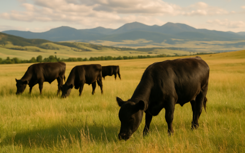 Black Angus yearlings grazing on a Montana summer pasture with foothills in the distance
