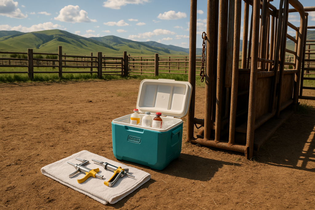 A cooler of vaccine and syringe guns kept in the shade beside a squeeze chute at a Montana ranch corral on a summer morning