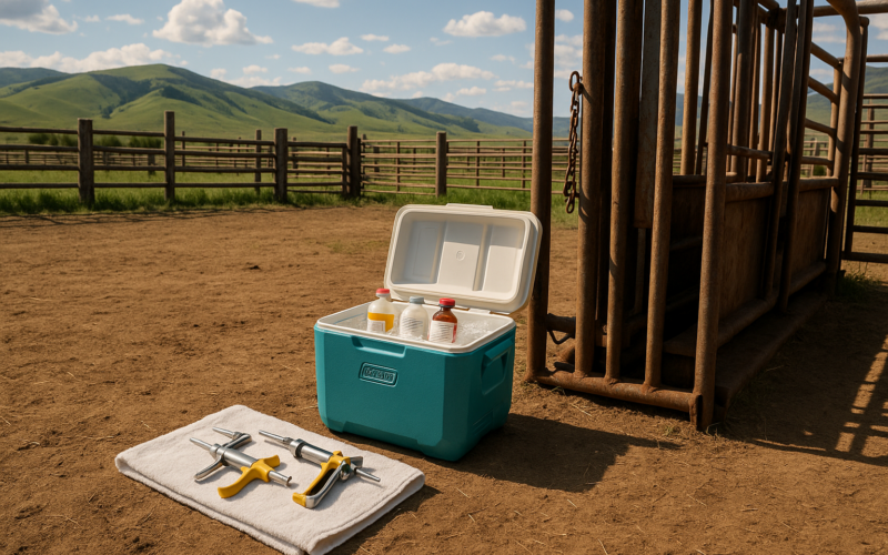 A cooler of vaccine and syringe guns kept in the shade beside a squeeze chute at a Montana ranch corral on a summer morning