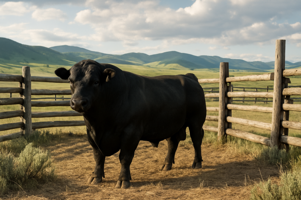 A black Angus bull in a wooden corral with Montana foothills and green range behind him in early summer light.