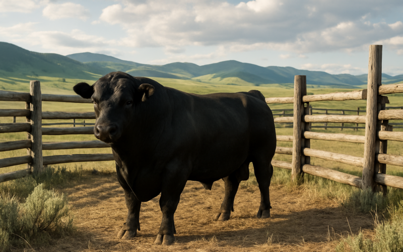 A black Angus bull in a wooden corral with Montana foothills and green range behind him in early summer light.