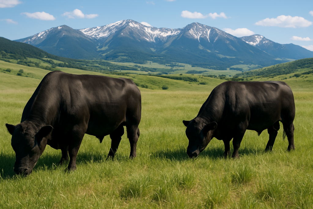 Two Angus bulls grazing on green Montana foothill pasture with mountains in the distance in early summer