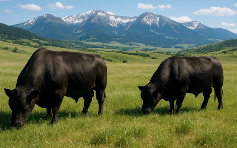 Two Angus bulls grazing on green Montana foothill pasture with mountains in the distance in early summer