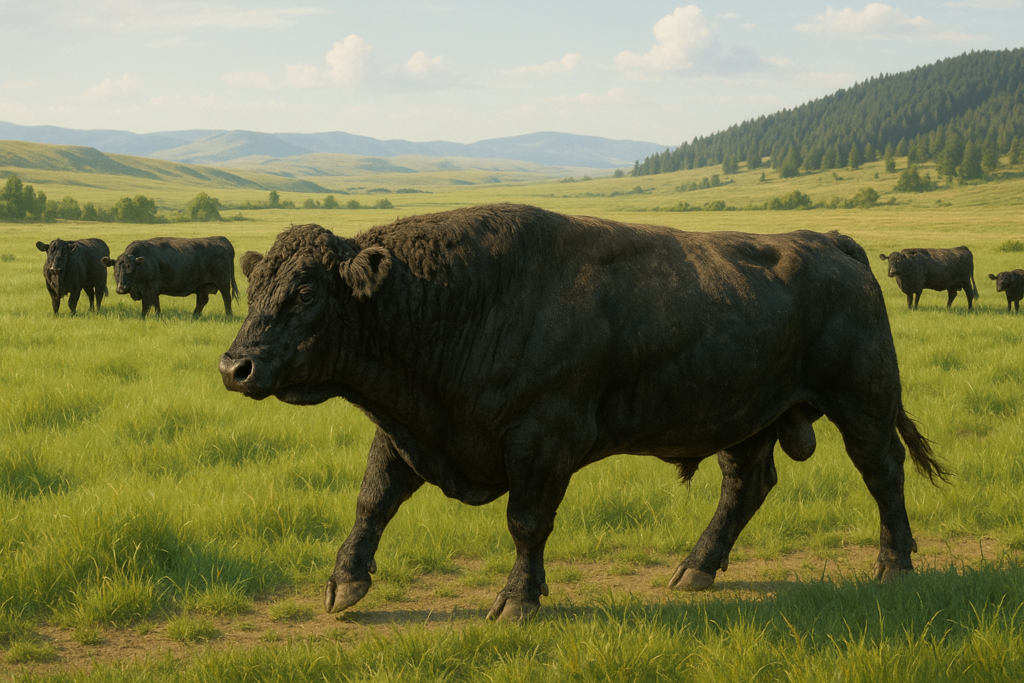 A black bull moving through a green Montana pasture with cows grazing behind him and foothills in the distance under a June sky