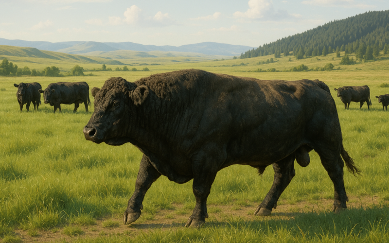 A black bull moving through a green Montana pasture with cows grazing behind him and foothills in the distance under a June sky
