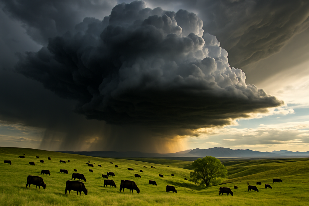 A towering summer thunderstorm building over Montana rangeland with cattle grazing and a lone cottonwood tree in a draw below