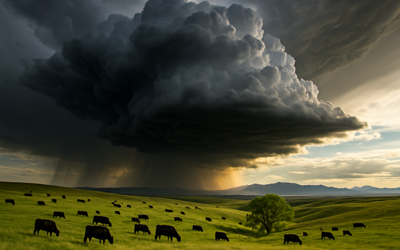 A towering summer thunderstorm building over Montana rangeland with cattle grazing and a lone cottonwood tree in a draw below