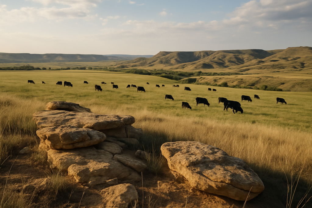 Cattle grazing near a rocky sandstone outcrop on a Montana prairie pasture in early summer morning light