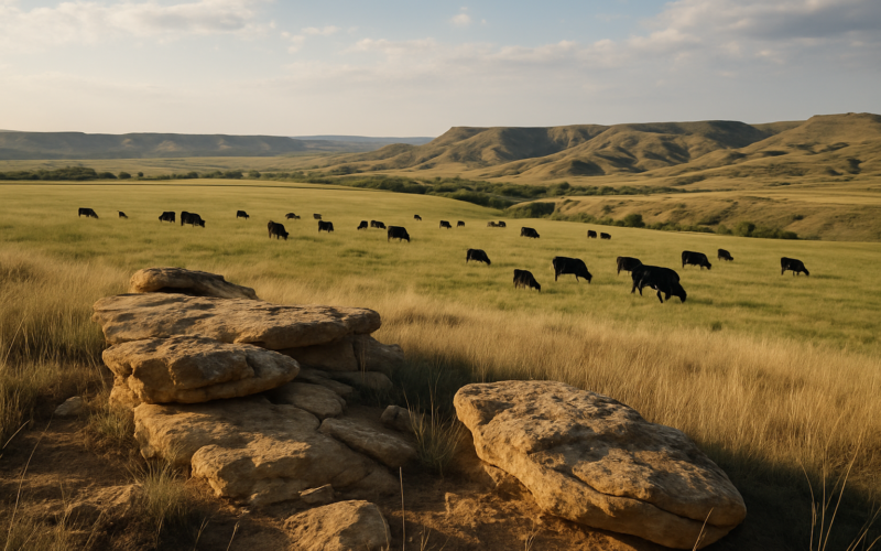 Cattle grazing near a rocky sandstone outcrop on a Montana prairie pasture in early summer morning light