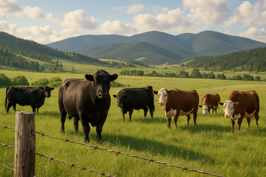 A bull and cows grazing on green Montana foothill pasture behind a barbed-wire fence with mountains in the distance