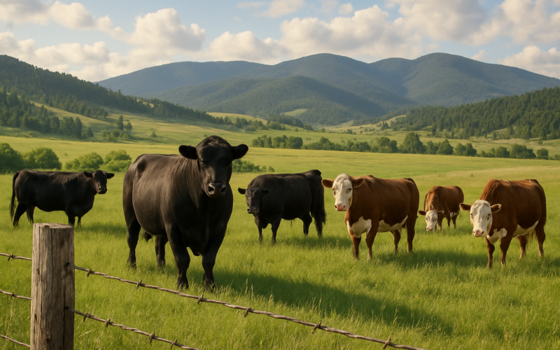 A bull and cows grazing on green Montana foothill pasture behind a barbed-wire fence with mountains in the distance