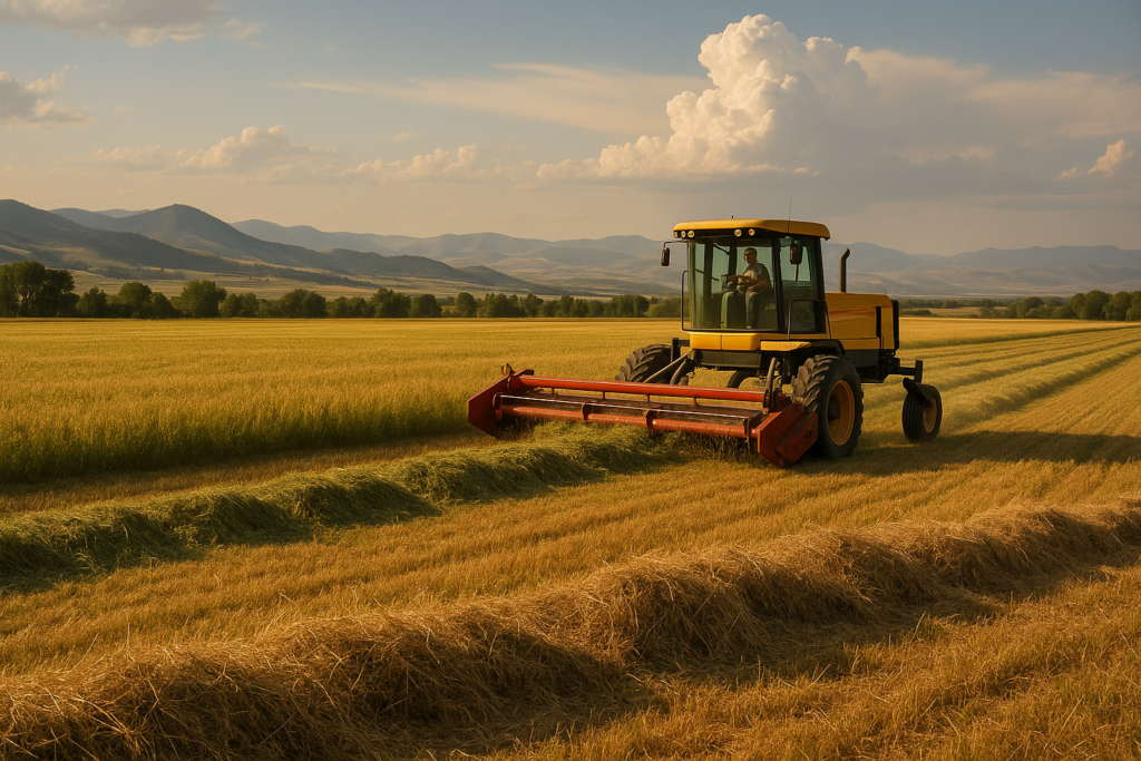 A swather cutting windrows in a dry Montana hay meadow with foothills and a building thunderhead in the distance