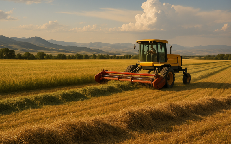 A swather cutting windrows in a dry Montana hay meadow with foothills and a building thunderhead in the distance