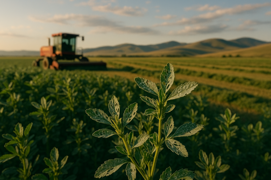 Close-up of Montana alfalfa with weevil-damaged upper leaves, a swather cutting windrows in the background under morning light
